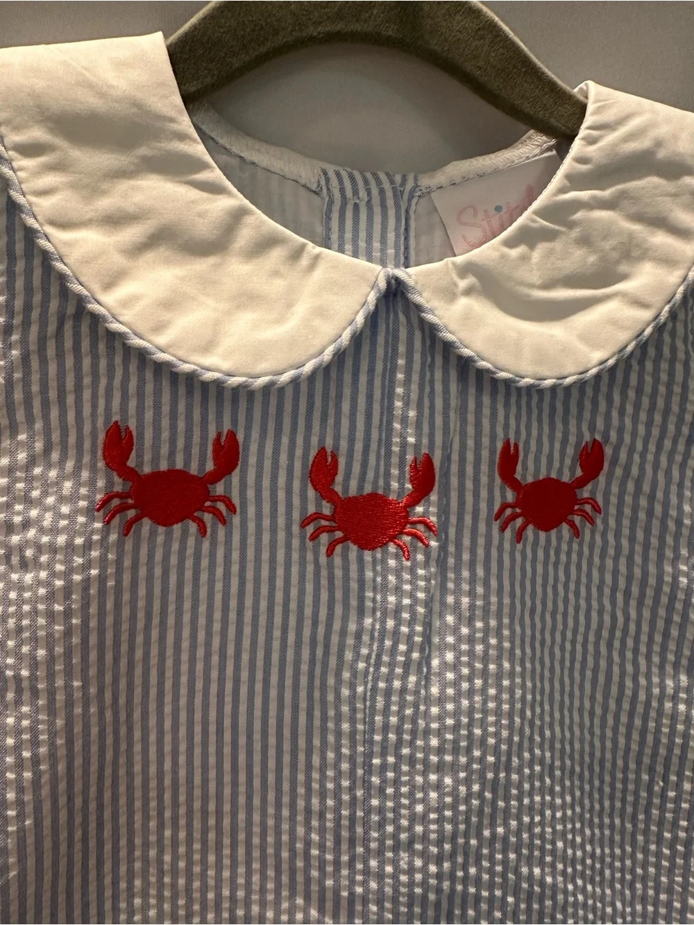Blue & White Seersucker One-Piece with Red Crab Embroidery